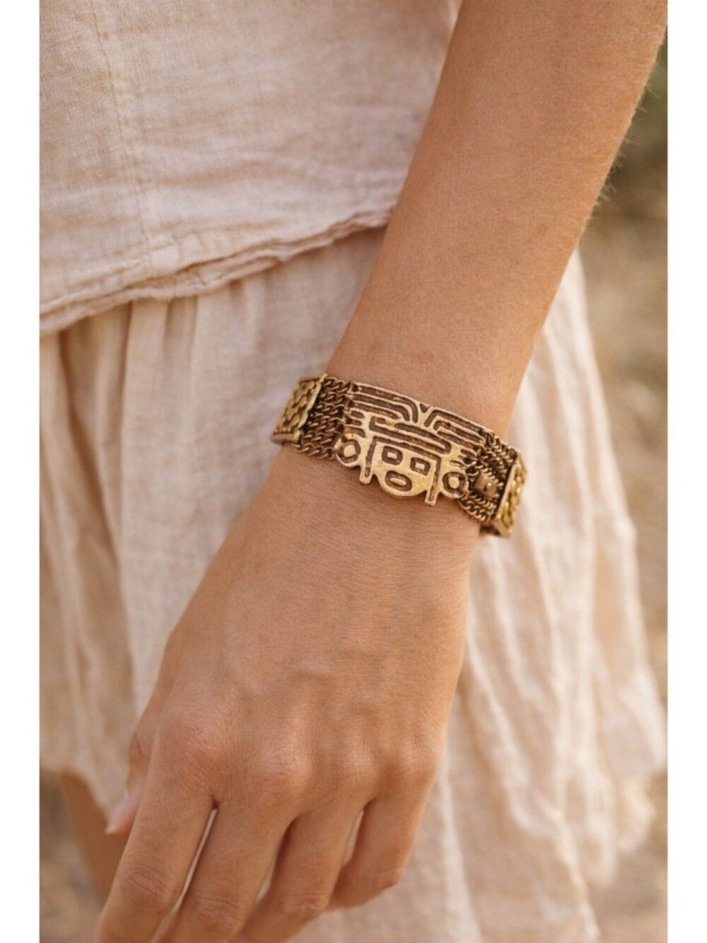 Vintage Tribal Mask Bracelet Gold Tone Multi Chain Boho Statement Layered Patina